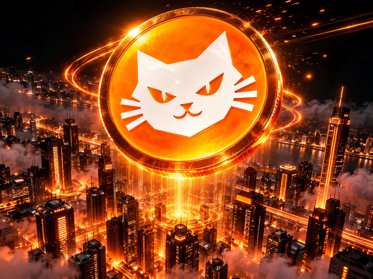 Neon City — the cat coin above a lit cityscape at night