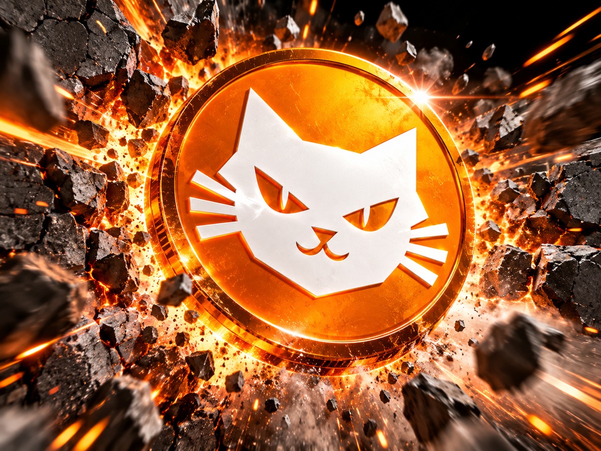 Breakthrough — the cat coin smashing through a wall